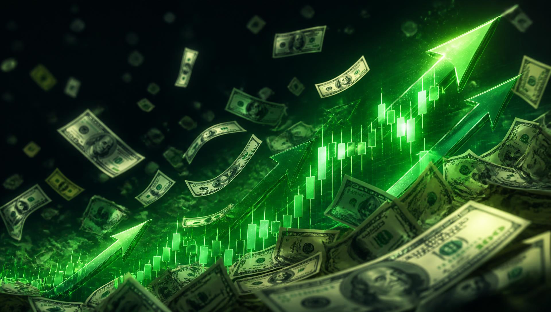 Green upward stock arrows rising over hundred dollar bills representing JAGX stock momentum